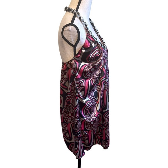 Aziz Retro Y2K Satin 60's Go-go Psychedelic Print Mini Halter Dress Women's S - Picture 2 of 10
